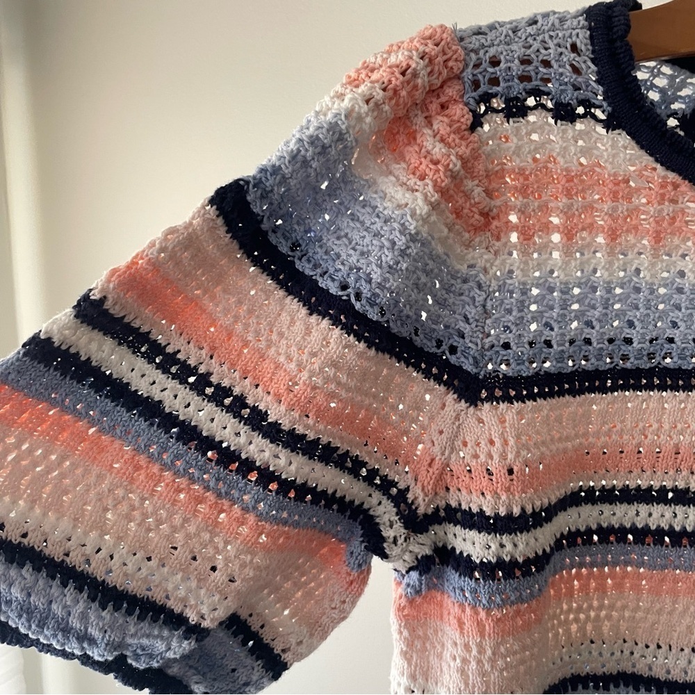 INC Crochet Knit Short Sleeve Sweater Striped Blue White Peach Petite Large - Picture 7 of 8